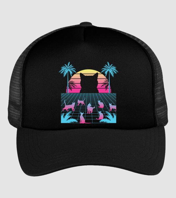 Pisică Vaporwave neon model negru pe tricou