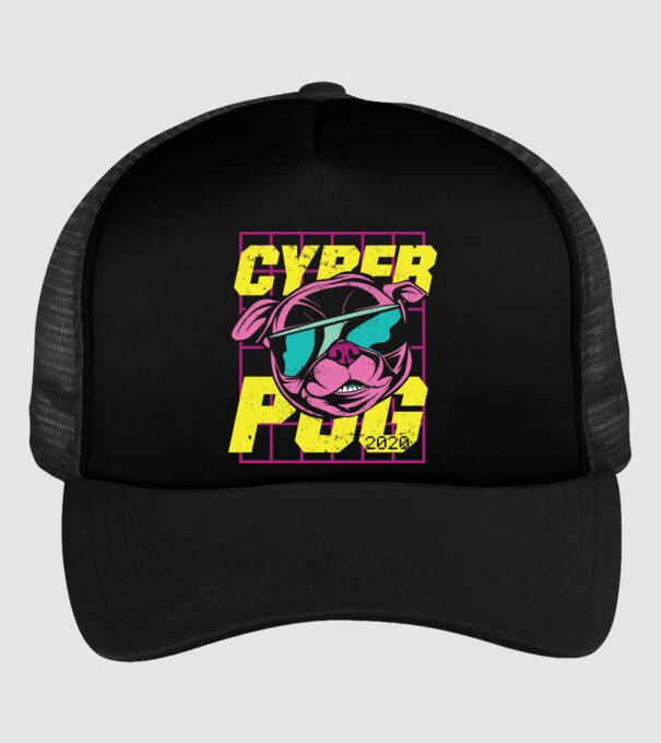 Mops Cyber Pug model negru pe tricou