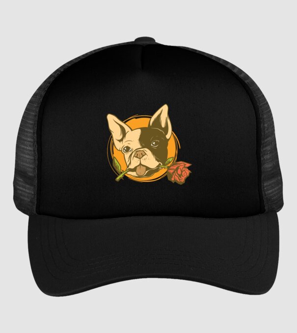 Bulldog francez cu trandafir model negru pe tricou
