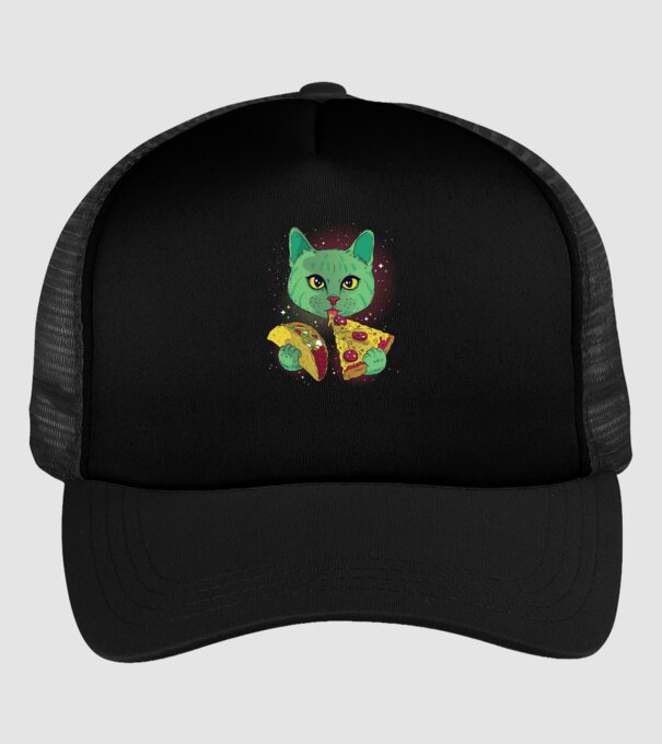 Pisică Cosmică Pizza și Taco model negru pe tricou