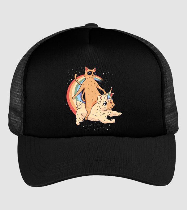 Pisică și Mops unicorn model negru pe tricou