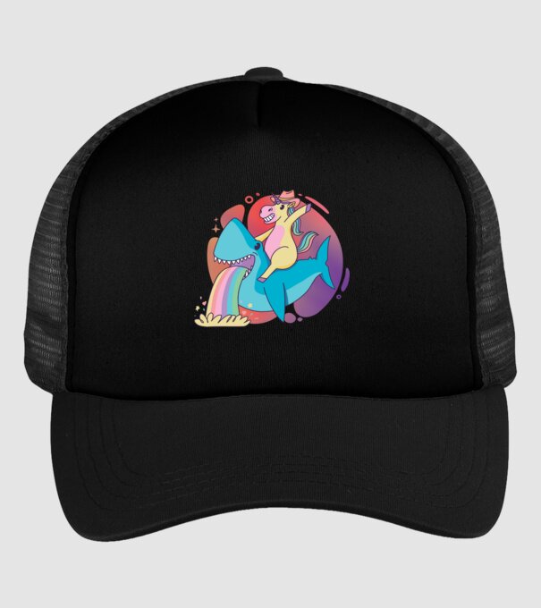 Unicorn pe rechin model negru pe tricou