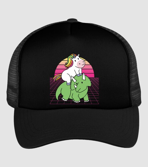 Unicorn pe dinozaur retro model negru pe tricou