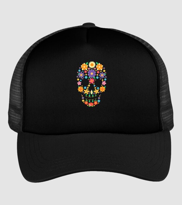 Craniu cu Flori model negru pe tricou