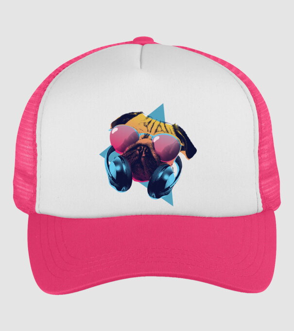 Mops cu căști model roz neon pe tricou