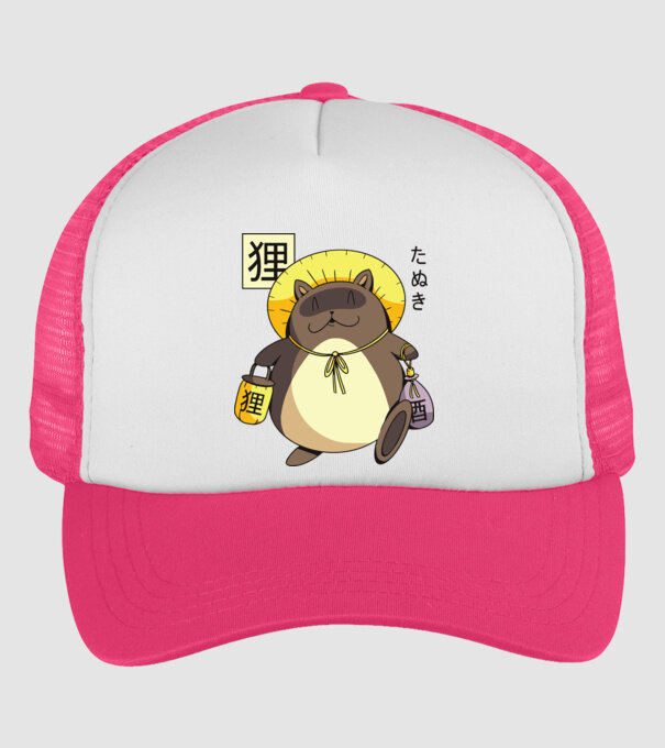 Tanuki Yokai model roz neon pe tricou