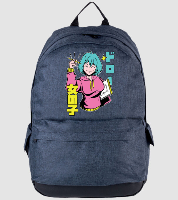 Anime fată desenând model albastru jeanși pe tricou