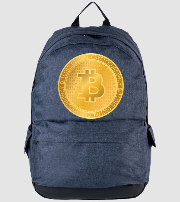 Monedă de aur Bitcoin model albastru jeanși pe tricou
