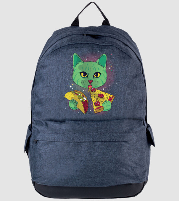 Pisică Cosmică Pizza și Taco model albastru jeanși pe tricou