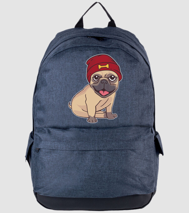 Mops cu șapcă model albastru jeanși pe tricou