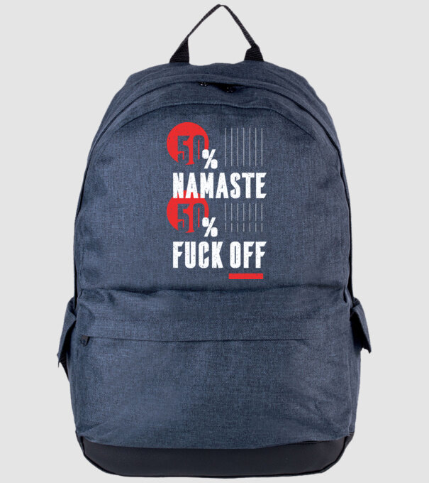 50 Namaste, 50 Fuck Off model albastru jeanși pe tricou