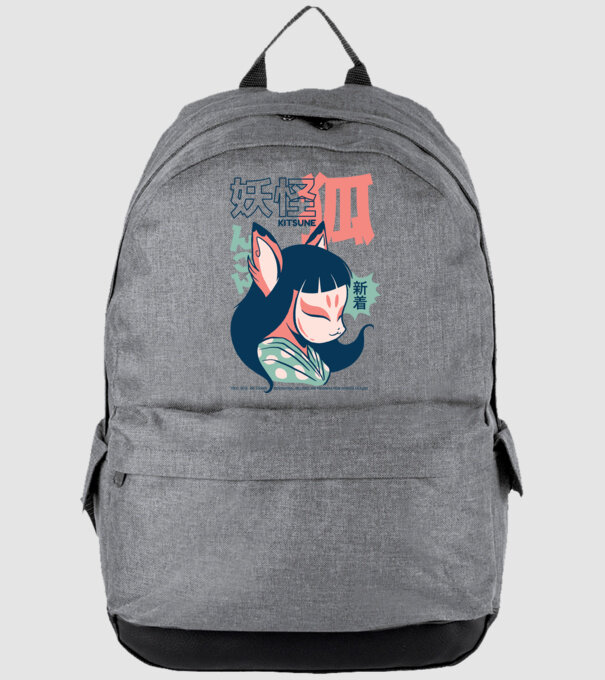Kitsune Yokai Anime model gri pe tricou