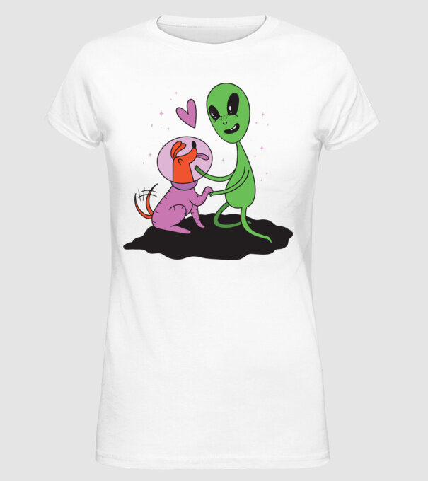 Alien cu câine model alb pe tricou