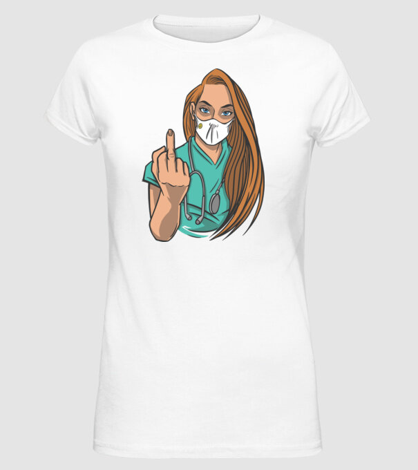 Asistentă medicală arată degetul model alb pe tricou