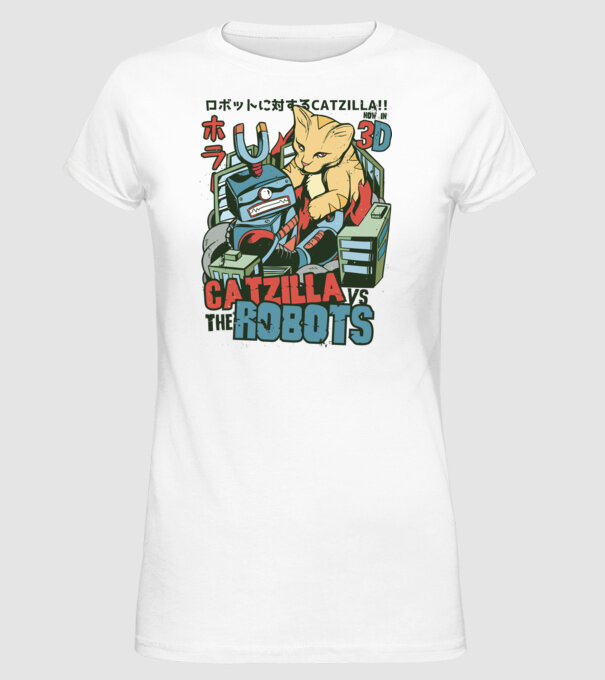 Catzilla Vs Robots model alb pe tricou