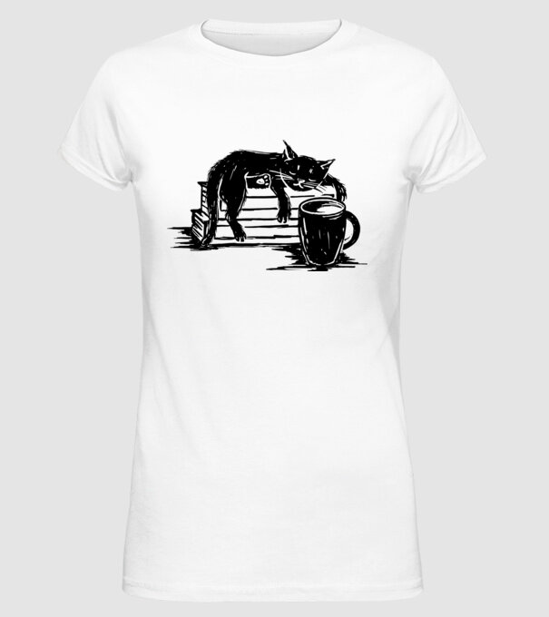 Pisică și cafea model alb pe tricou