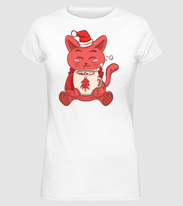 Pisică cu ciocolată caldă model alb pe tricou