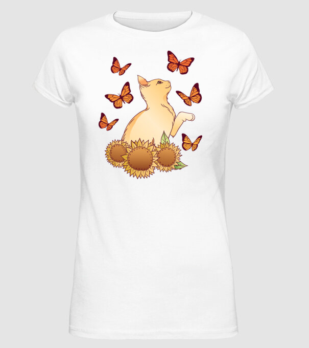 Pisică cu fluturi model alb pe tricou