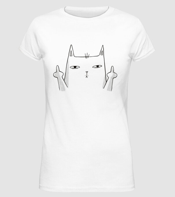 Pisică desen arată degetul model alb pe tricou