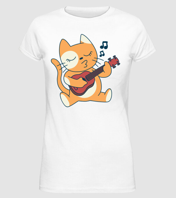 Pisică chitară Ukulele model alb pe tricou