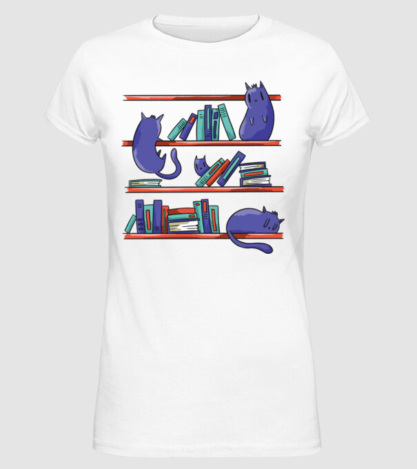 Pisici pe raftul de cărți model alb pe tricou
