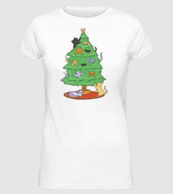 pom de Crăciun cu pisică model alb pe tricou
