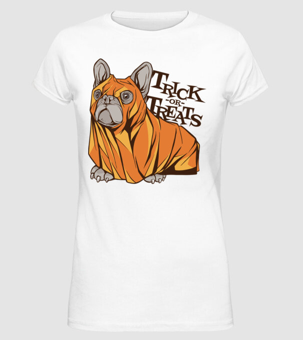 Trick or Treat Mops Halloween model alb pe tricou
