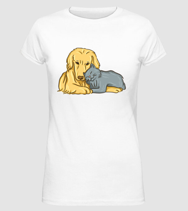 câine pisică drăguță împreună model alb pe tricou