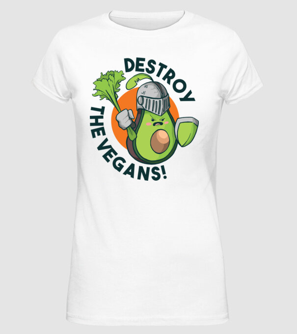 Destroy the Vegans - tricou amuzant războinic Avocado model alb pe tricou
