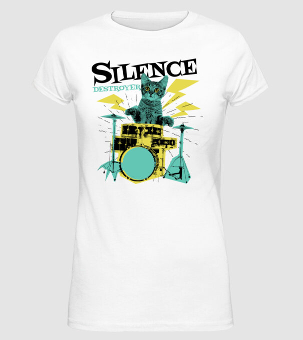 Pisică Baterist - Silence Destroyer model alb pe tricou
