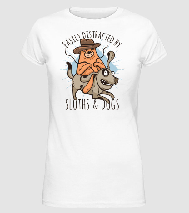 Easily Distracted by Sloths & Dogs model alb pe tricou