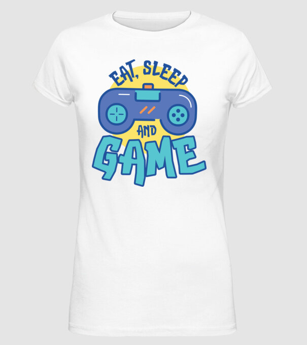 Eat Sleep and Game model alb pe tricou