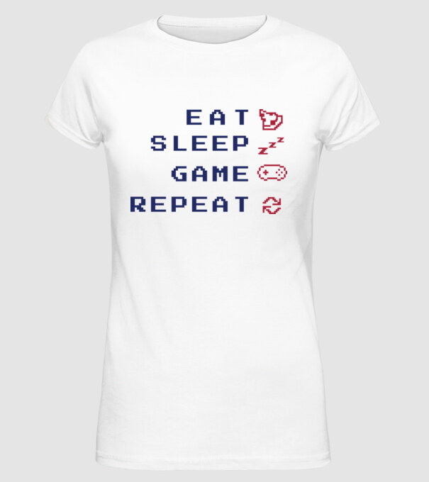 Eat Sleep Game Repeat model alb pe tricou