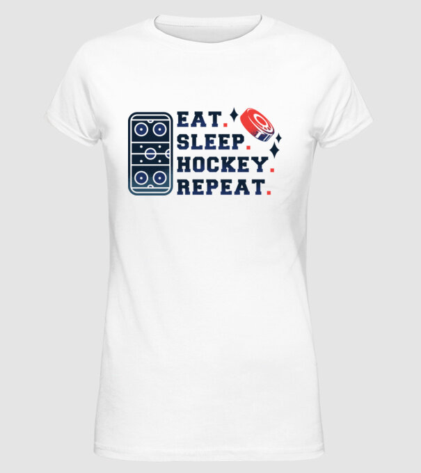 Eat Sleep Hockey Repeat model alb pe tricou