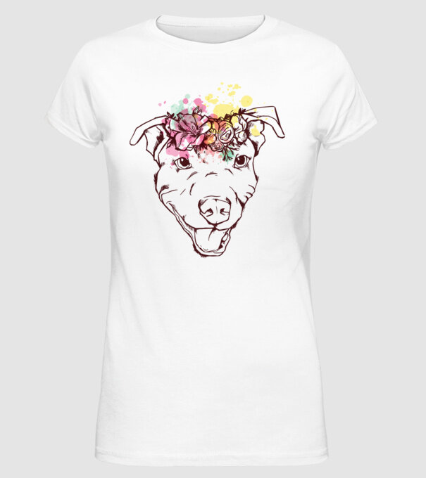 Floral Pitbull model alb pe tricou