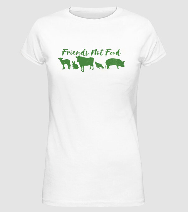 Friends Not Food Vegan model alb pe tricou