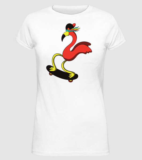 Flamingo Skateboarder model alb pe tricou