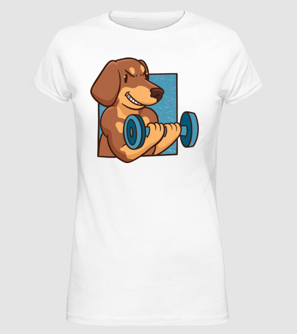 Teckel body builder model alb pe tricou