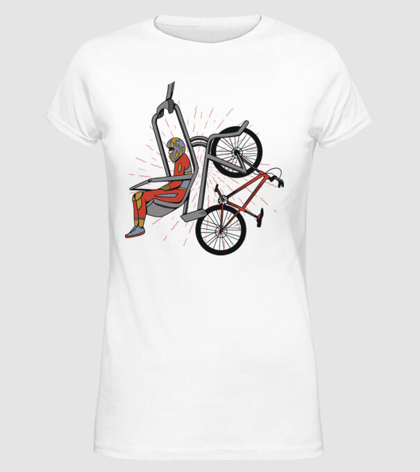 Biciclist montain bike pe teleferic model alb pe tricou