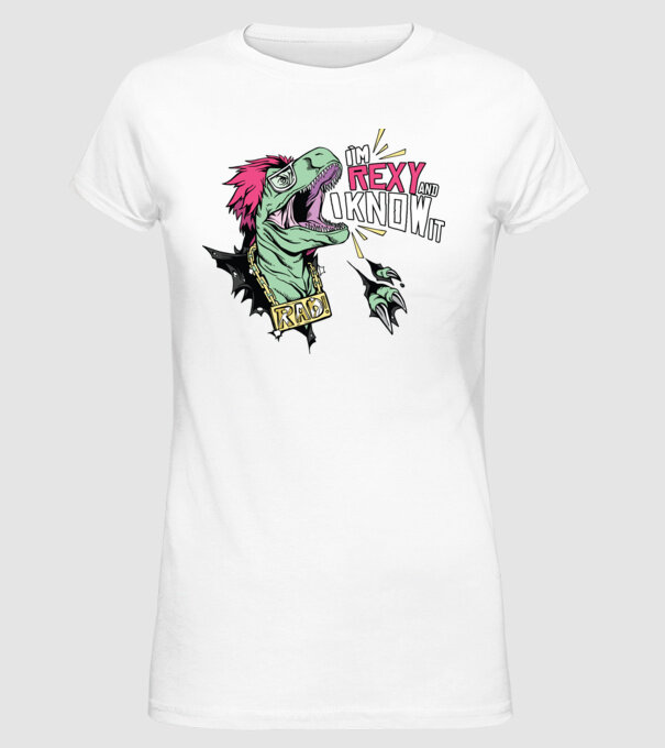 'I''m Rexy and I know it - tricou dinozaur amuzant' model alb pe tricou