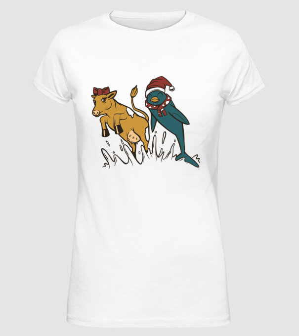 Delfin și Vacă de Crăciun model alb pe tricou