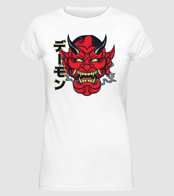 Mască demon chinez model alb pe tricou