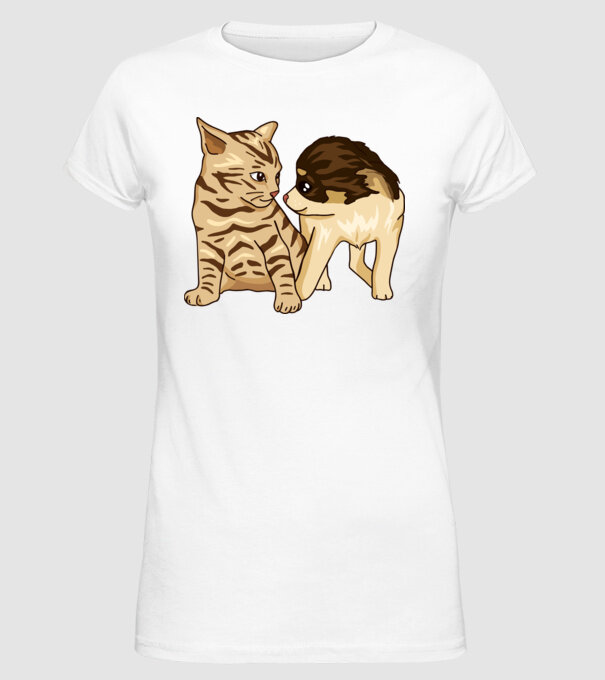 cuplu drăguț câine și pisică model alb pe tricou