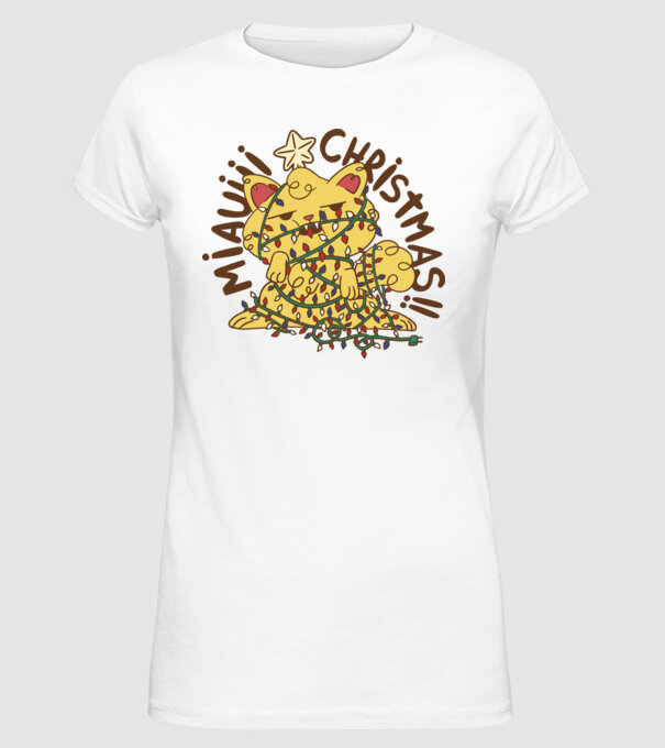 Miauiii Crăciun cu pisică model alb pe tricou