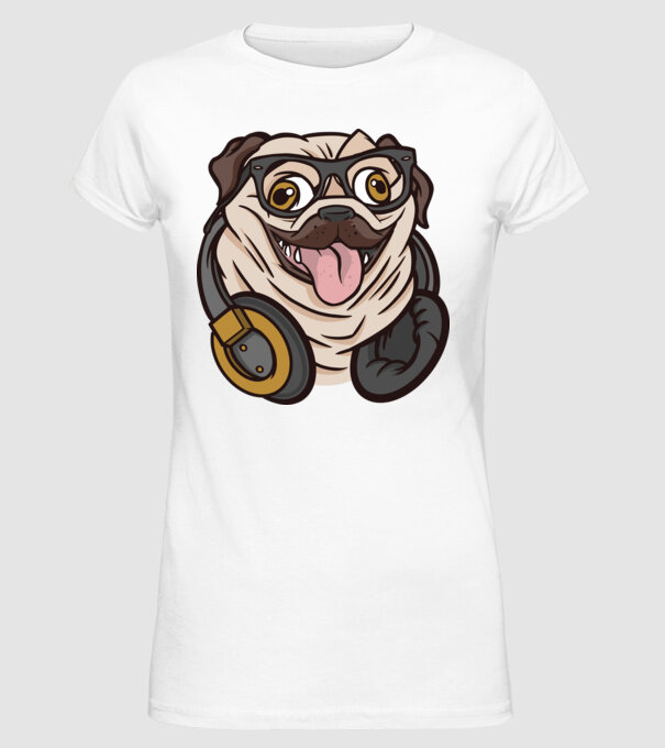 Mops cu căști model alb pe tricou