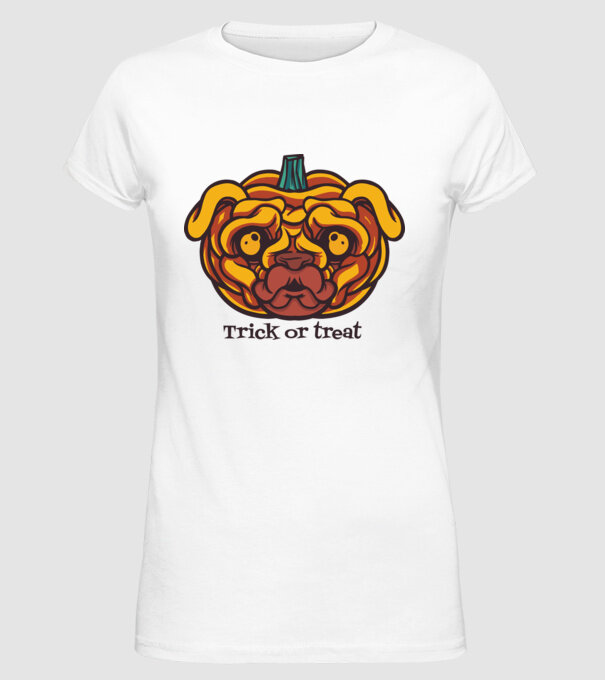 Mops cap de dovleac Halloween model alb pe tricou