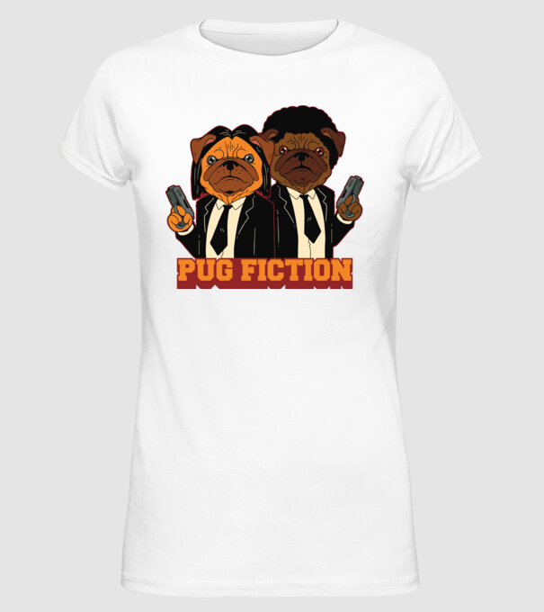 Pug Fiction Pugs Mops Pulp Fiction parodie model alb pe tricou