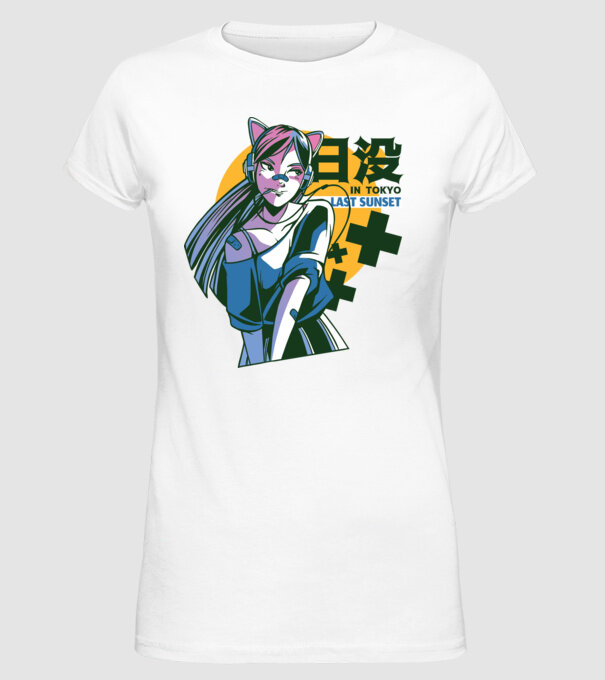 Fată Anime Sunset Tokyo model alb pe tricou