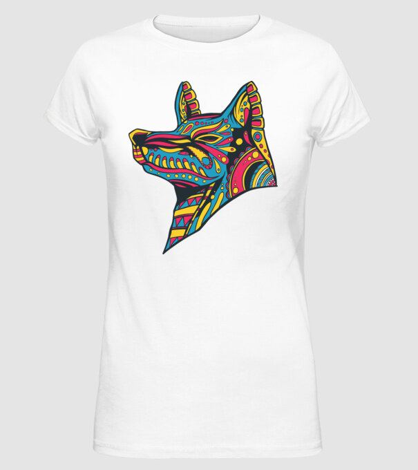 Cap de lup colorat model alb pe tricou