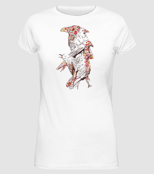 Păsări colorate model alb pe tricou
